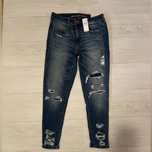 American Eagle Outfitters Women's Dark Blue Distressed Jeans